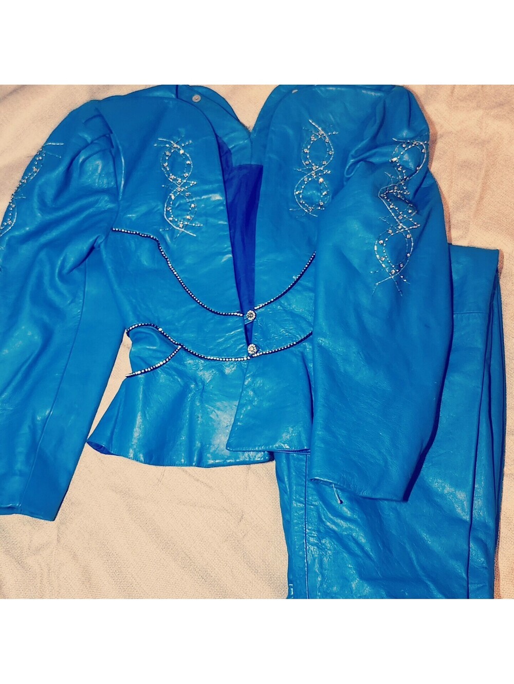 Western Glam Two Piece Blue Leather Suit Women T36 Hall London England Peplum